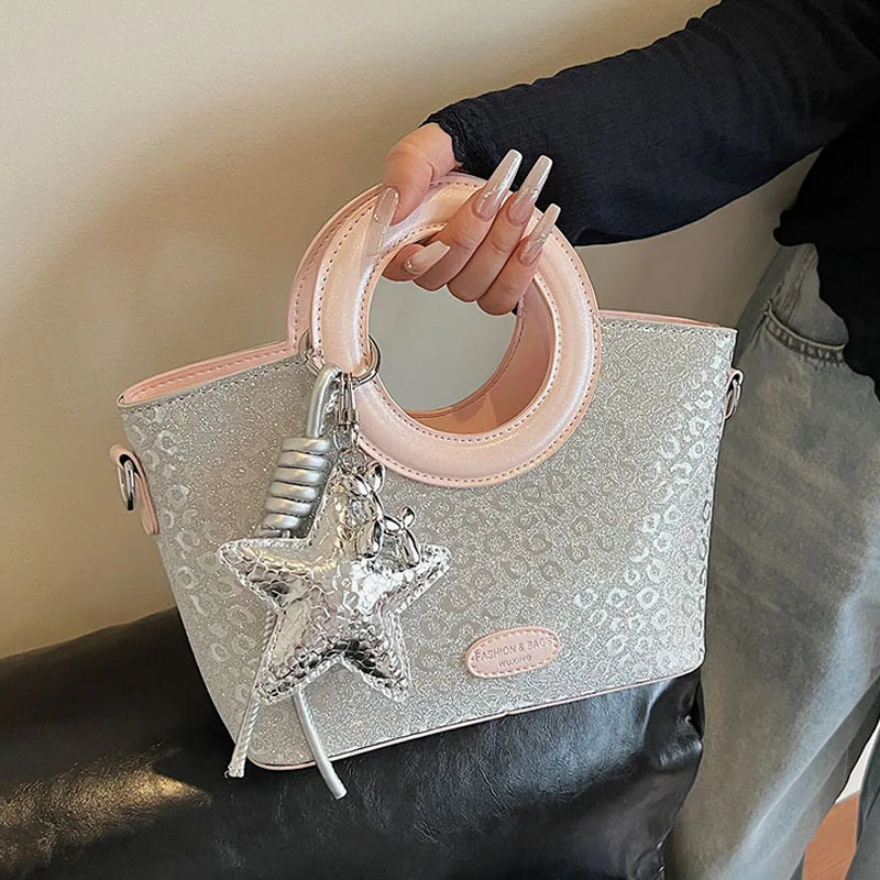 

Luxury Shining Banquet Handbag Women Personalized Round Handle PU Bucket Bags Temperament Elegant Single Shoulder Crossbody Bag
