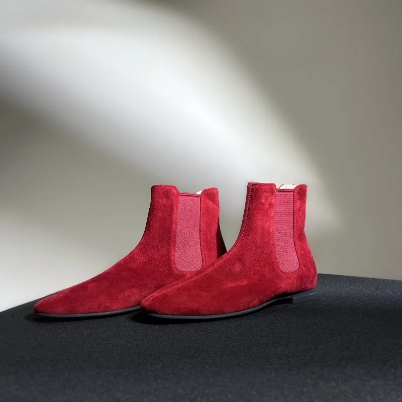 

High End Genuine Leather Women's Boots Fashion Round Toe Chelsea Boots Flat Bottom British Office Comfortable High Top Shoes