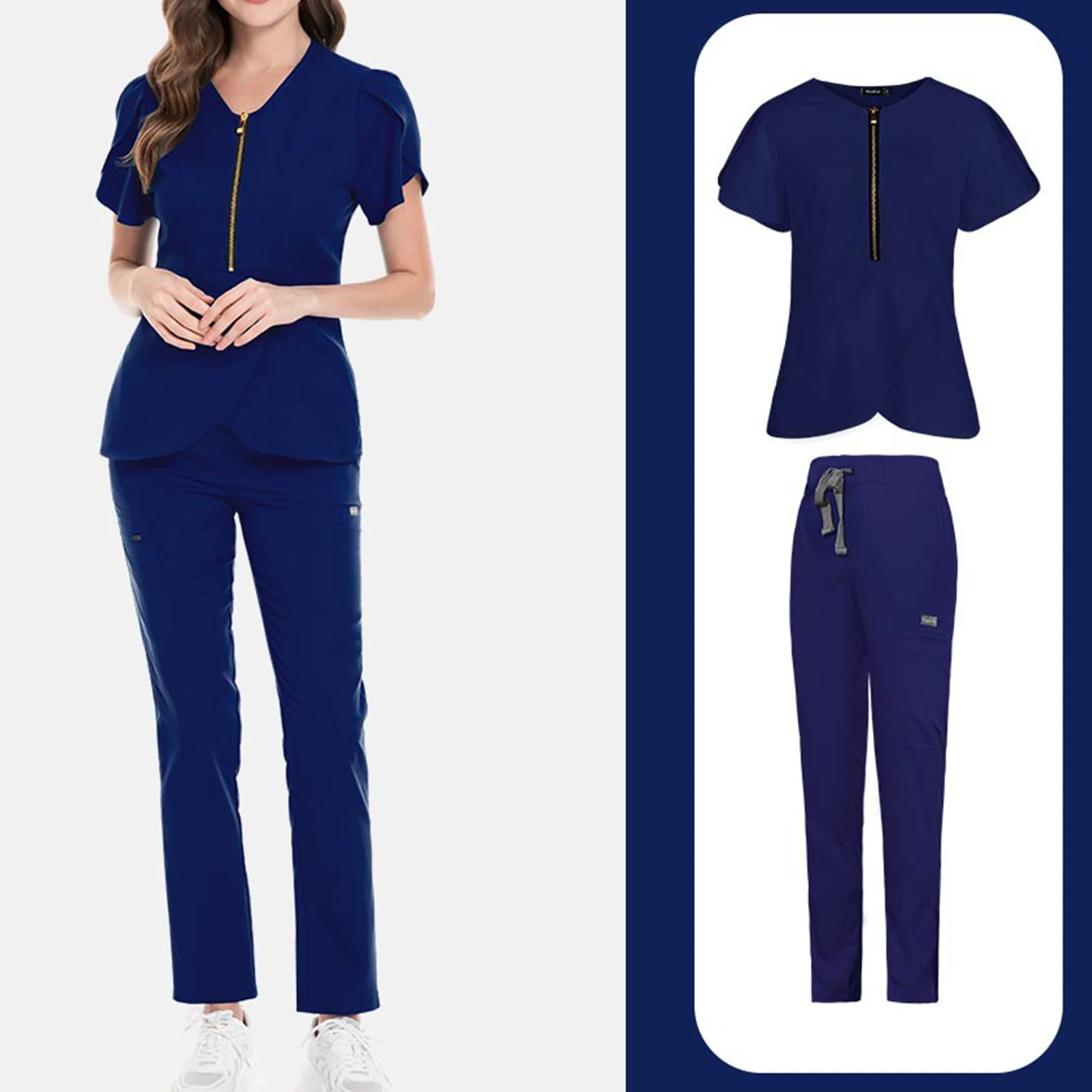 

Women's Nurse Scrub Set V-Neck Short Sleeve Zipper Ruffle Sleeve Multi-Color Long Pants Medical Uniform Healthcare Workwear