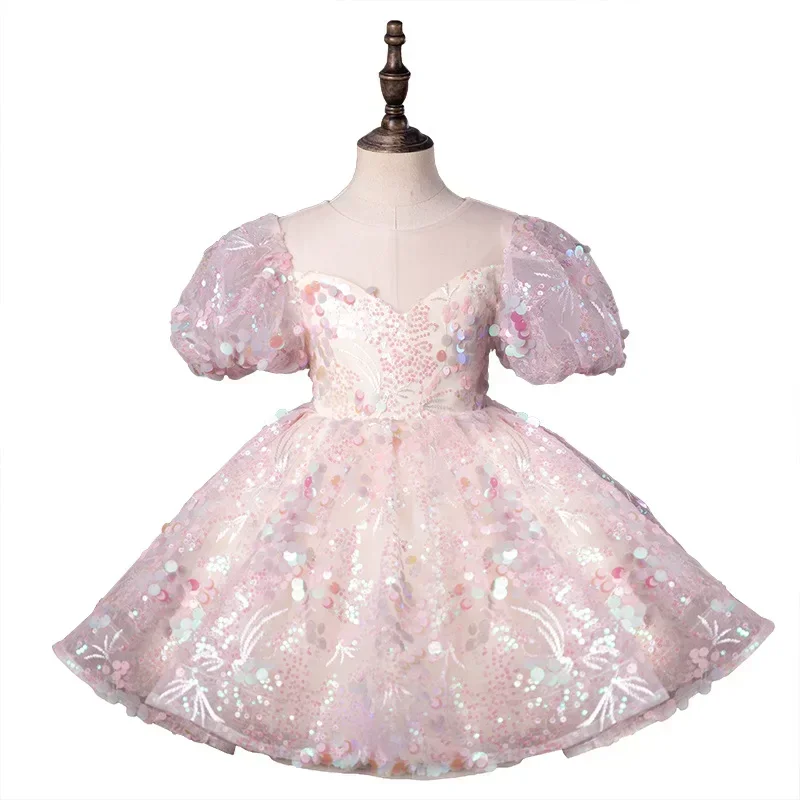 Children Pink Dress Sequins Princess Tutu Piano Performance Costume Children Host Flower Girl Birthday Dress Flower Girl