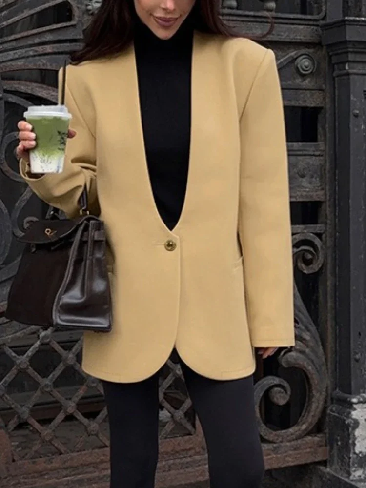 سترة أنيقة للركاب برقبة على شكل حرف v لعام 2025 معطف نسائي فضفاض وأكمام طويلة مرقع عالي الشارع للخريف بدلة نسائية #1