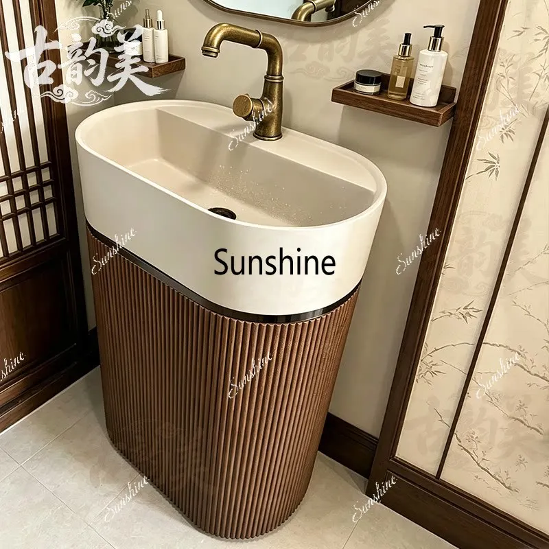Medieval style face wash integrated walnut color column basin household bathroom floor