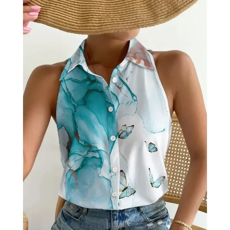 

Spring Women's Commuter Shirt Fashion Off The Shoulder Sleeveless Abstract Printed Shirt Flip Collar Button Casual Holiday Shirt
