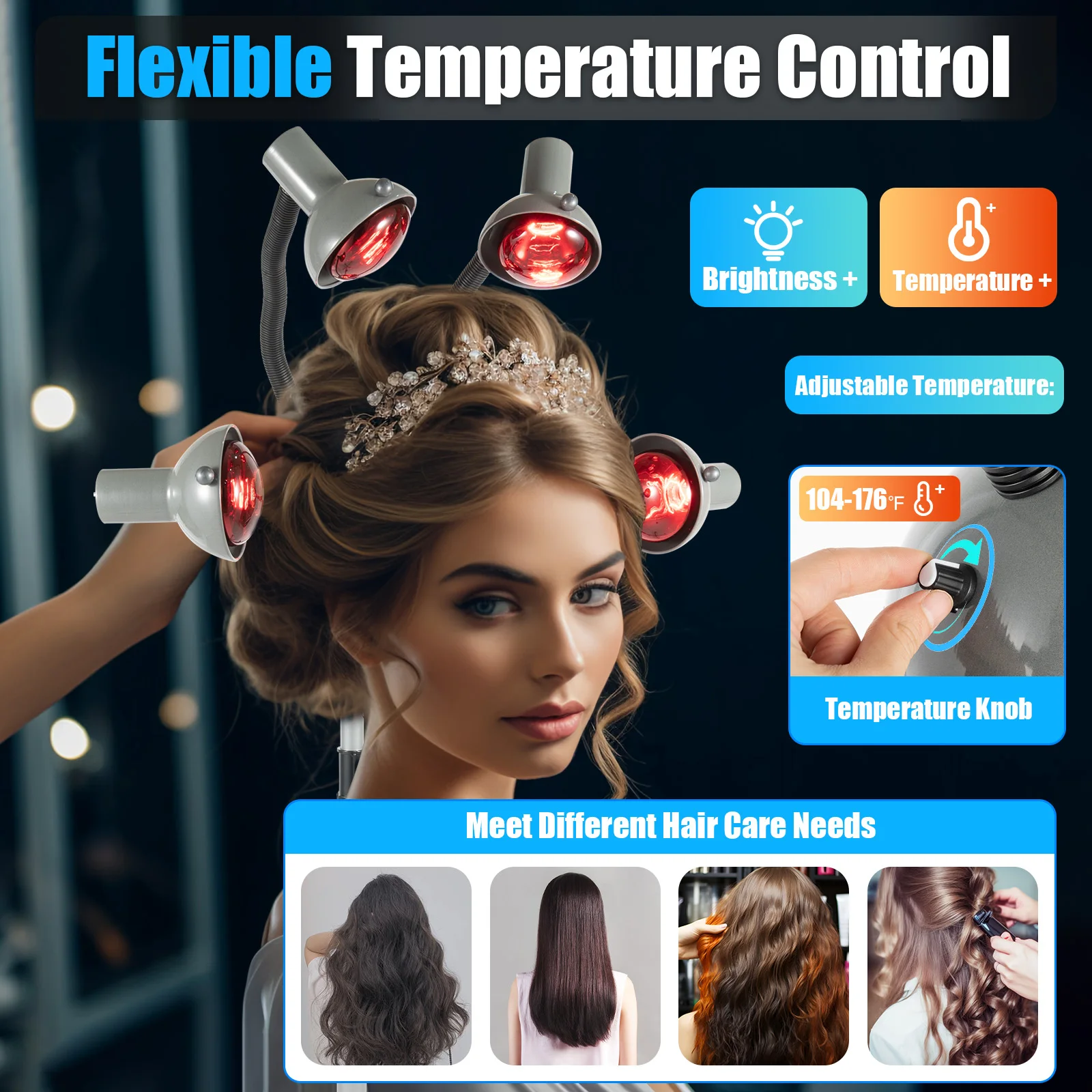 Silver 5 Head Infrared Salon Heat Lamp, Height Adjustable Chrome Arm Hair Dryer for Perm & Styling