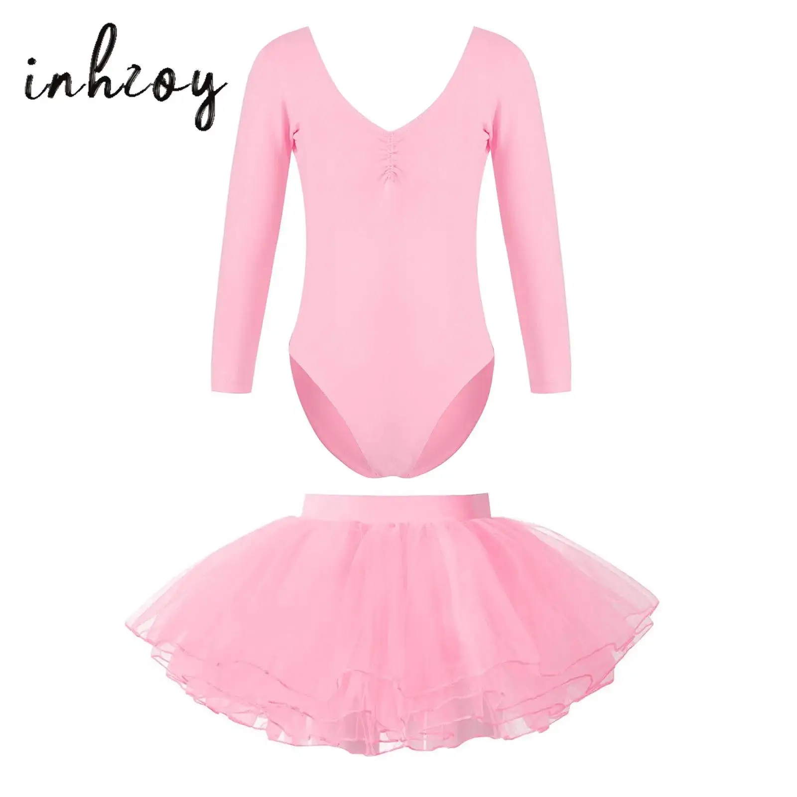 

2Pcs Kids Girls Ballet Dance Leotards Cotton Long Sleeve V-Neck Ruched Solid Color Leotard+Waistband Four-Layer Tutu Mesh Skirt