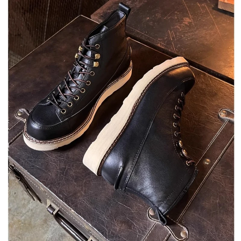 Fashion Men's Genuine Leather Motorcycle Boots Brogue Shoes British High-top Loafers Ankle Thick Sole Western Chelsae Boots