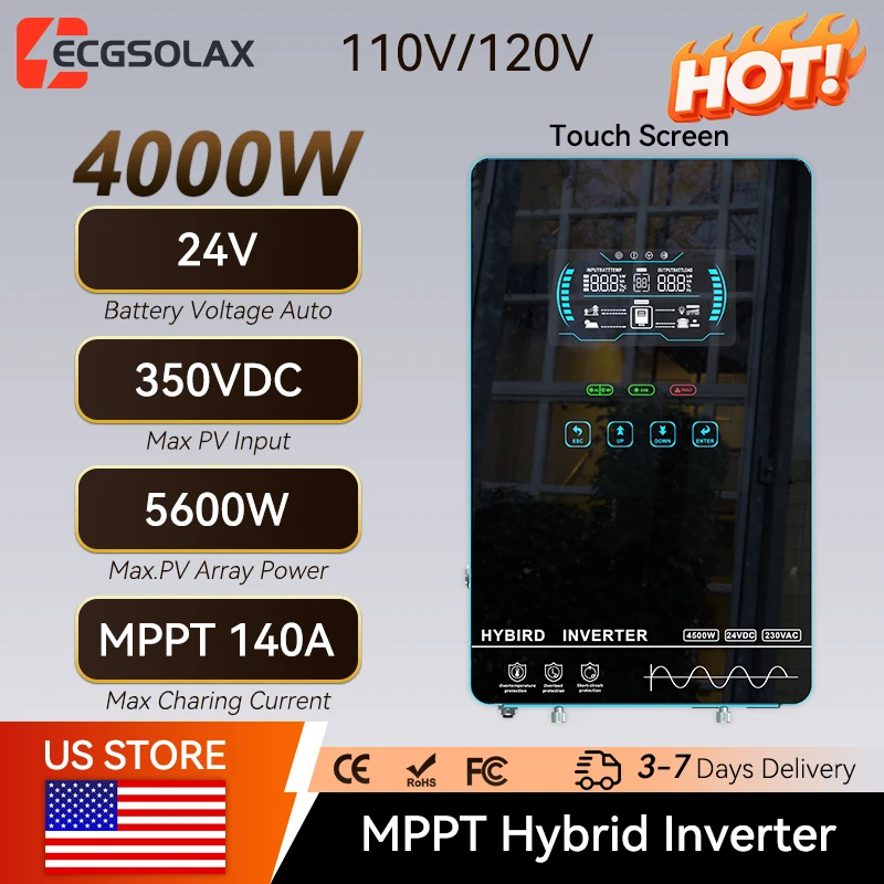 ECGSOLAX 4KW Hybrid Solar Inverter 24V 110/120V Pure Sine Wave Off Grid Inversor Built in MPPT 140A Solar Charge Home inverter