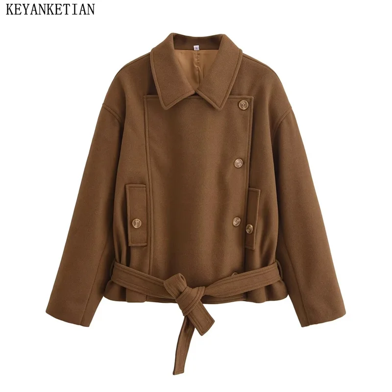 KEYANKETIAN 2024 Winter New Women's Asymmetrical Single Breasted Cropped wool jacket With Belt Oversize Loose Greatcoat Blazer