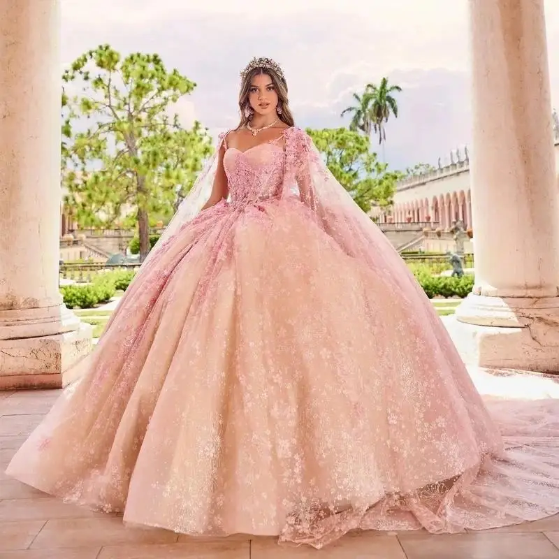 

Pink Shiny Sweetheart Quinceanera Dress Princess Prom Gown Tulle Appliques Beads With Cape Sweet 15 16 Dress Vestidos De 15 Anos