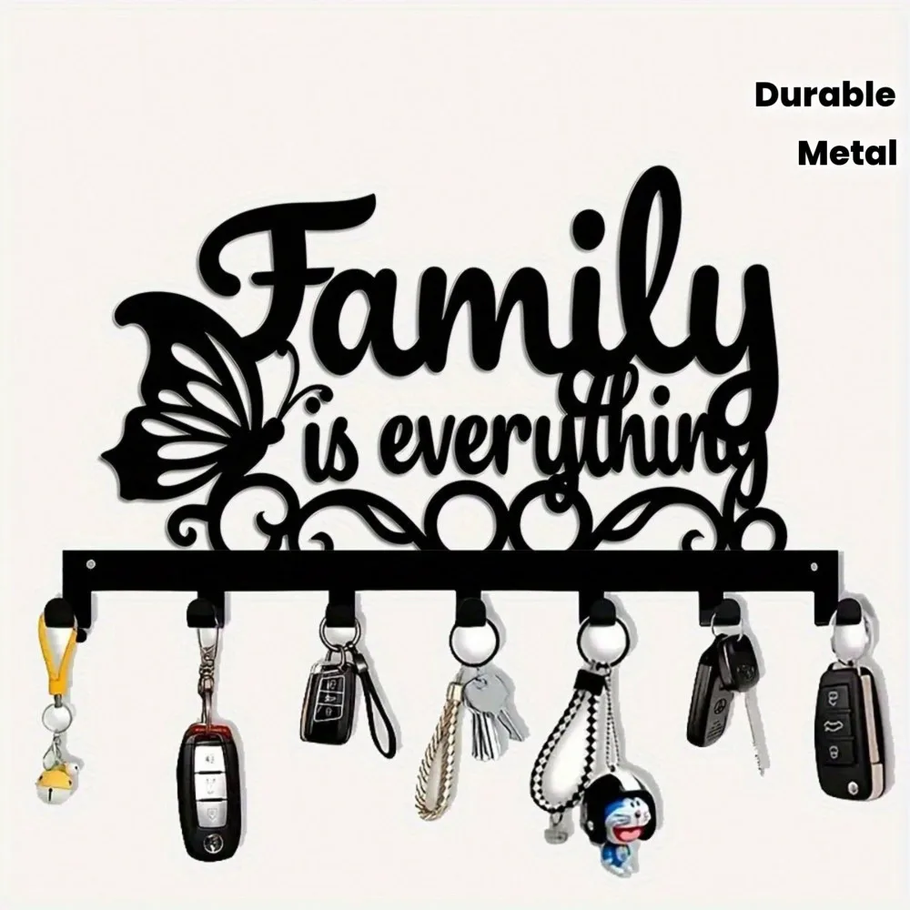 Family First 7-Hook Key Holder, Rustic Metal Wall Decor for Foyer Hallway Entryway, Welcome Organizer for Home or Wedding Gift
