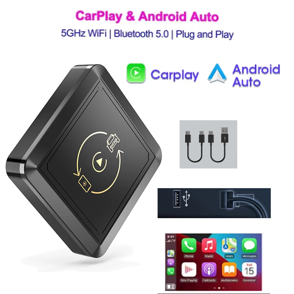 

2in1 CarPlay & Android Auto Wireless Adapter Plug and Play Car Ai Box Car Wired to Wireless Dongle for VW Hyundai Toyota Honda