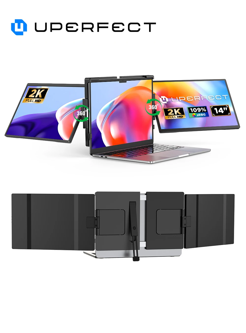 UPERFECT First 2K 14' Tri Screen Laptop Monitor Extender Triple Display 360 Rotatable Attachable Portable Monitor for Laptop