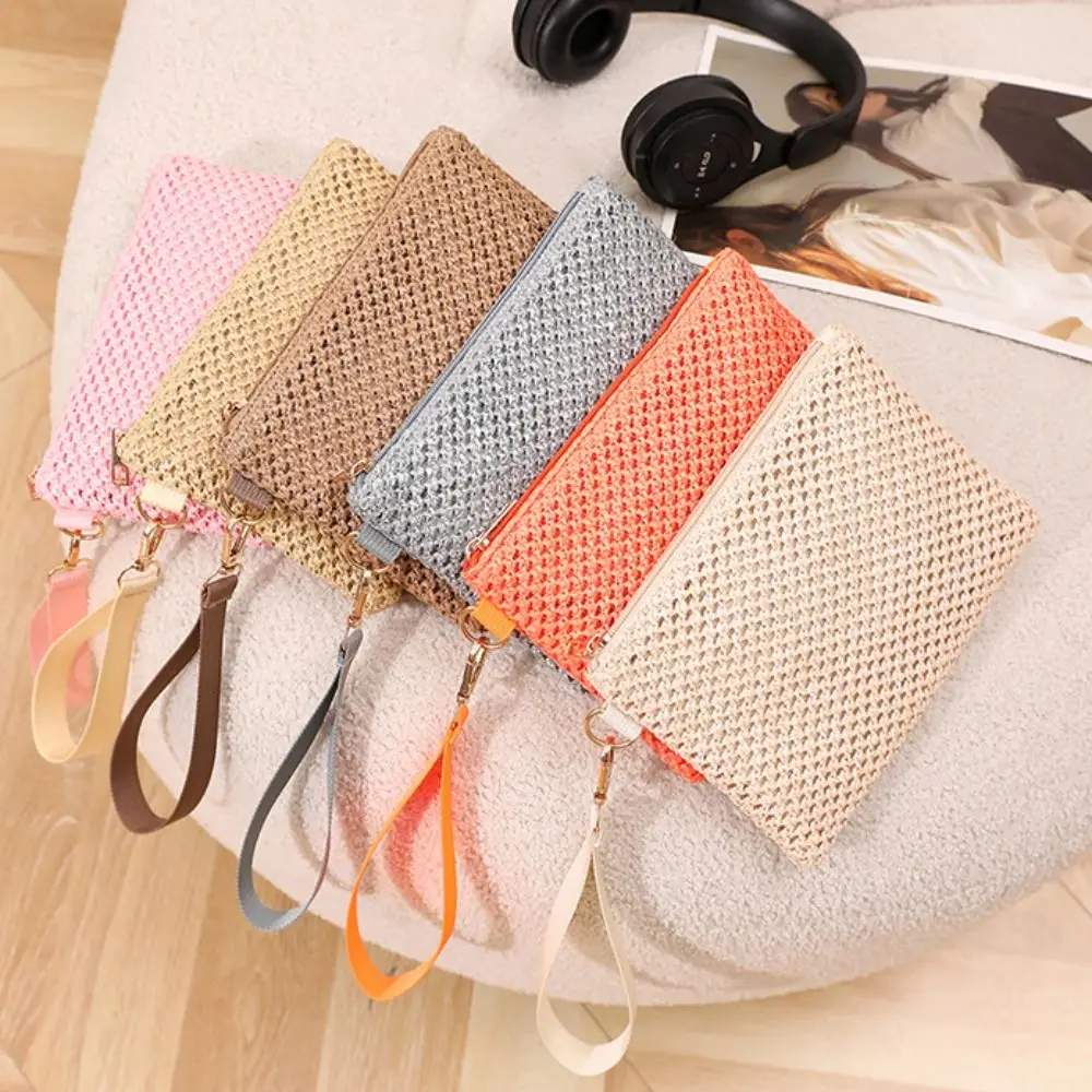 Solid Color Long Wallet New Grass Woven Large-capacity Mobile Phone Bag Wrist Strap Braided Bag Woman