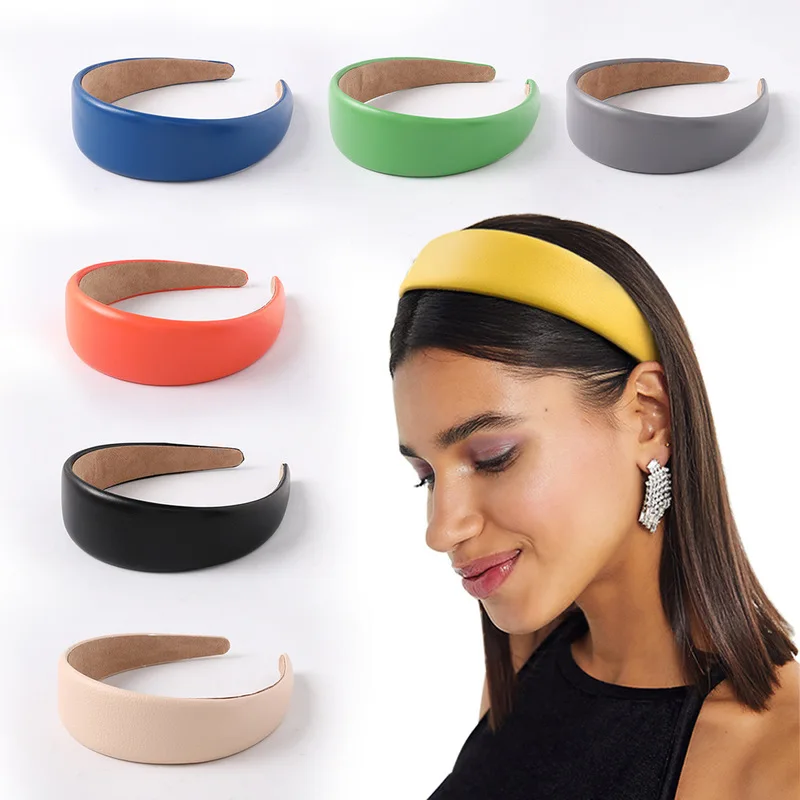 2020 New Headband Handmade PU Leather Colorful Solid Color Wide Side Women Hairbands Bezel Girls Hair Hoop Hair Accessories