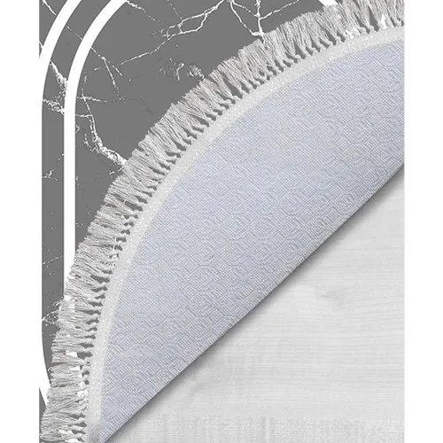 Dowry Wonderland Oval Fringed 2'li Bath Mat Pad Linear Stone Gray White