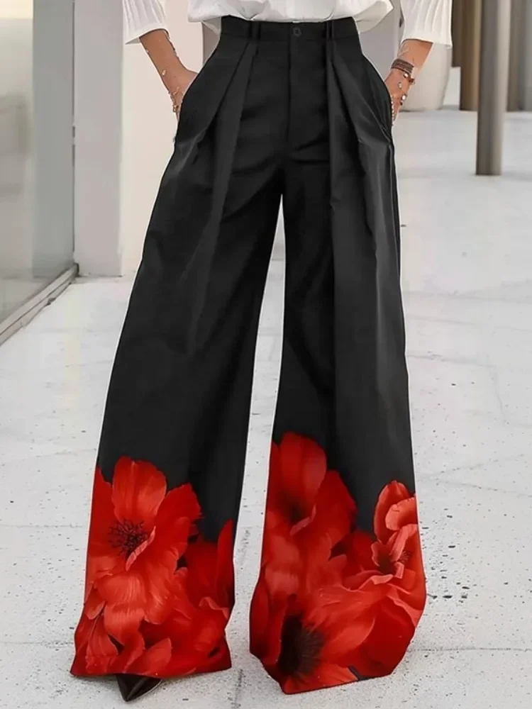 

UOOZEE 2025 New Female Stylish Floral Printed Pleated Pants Loose Urban Office Elastic High Waisted Wide Leg Trousers Bottoms
