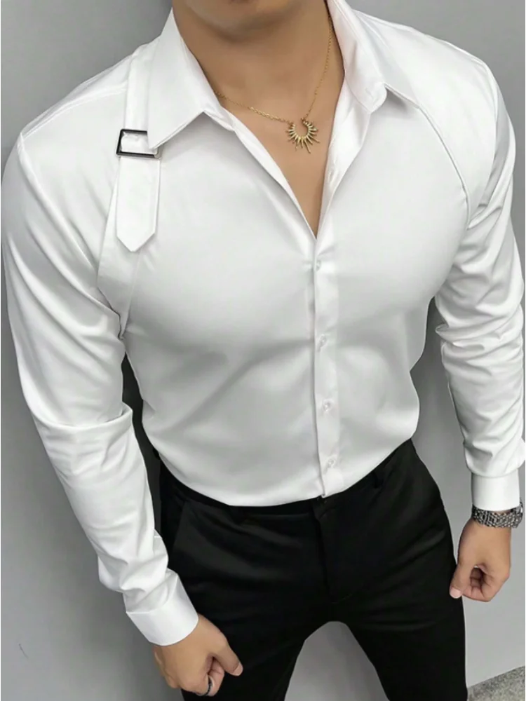 

Tuxedo Shirt Social Shoulder Strap Splicing Metal Button Design Men's British Fashion Slim Shirt Trend Men Long Sleeve Shirt