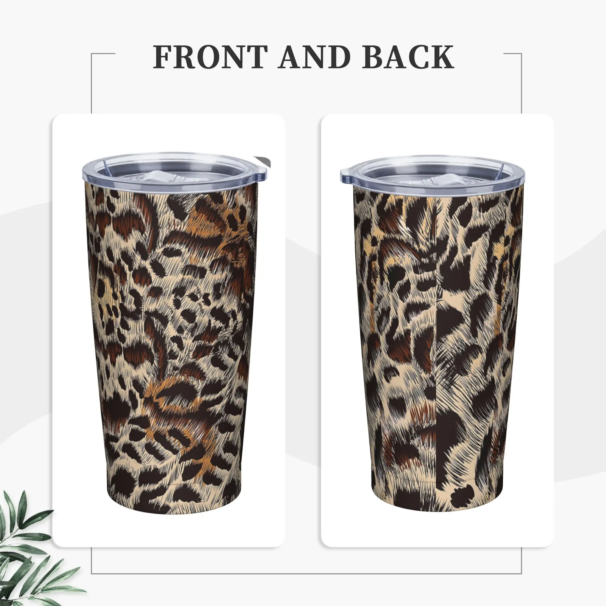 Leopard Animal Fur Pattern Insulated Tumbler with Straws Brown Skin Texture Stainless Steel Thermal Mug Car Bottle Cups, 20oz