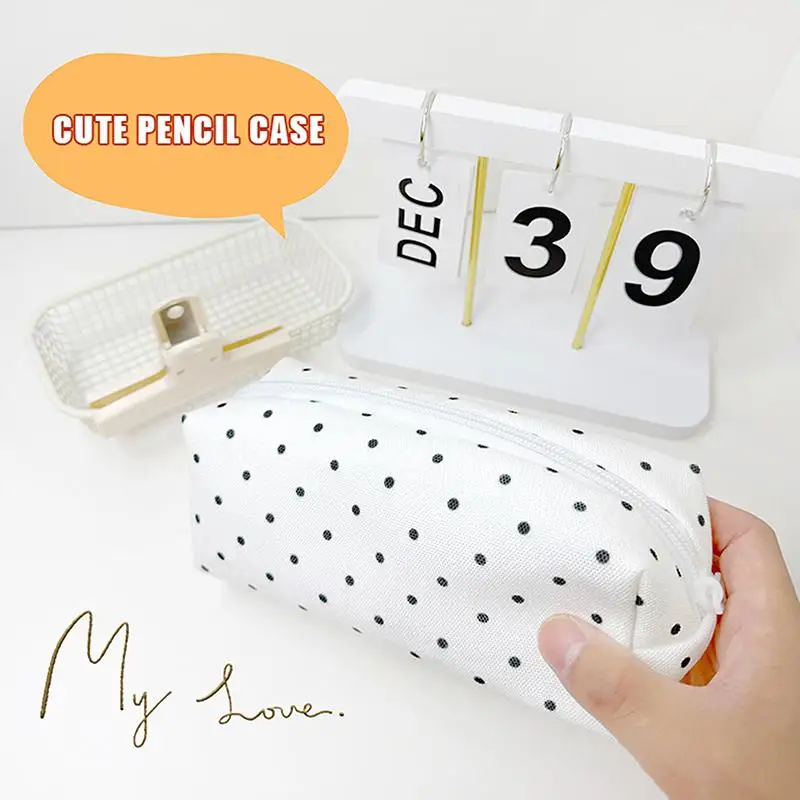 White Polka Dot Canvas Pencil Case With Sturdy Zipper And Large Capacity Perfect For Students School Office Stationery Storage