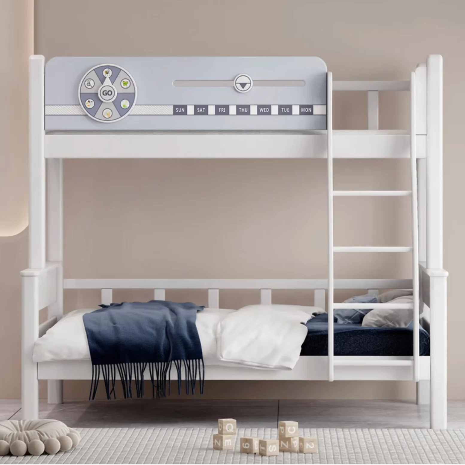 Wood Simple Style Children's Bedroom Bunk Bed, White, Sky Blue 1.5*1.9m Mother-in-law Bed