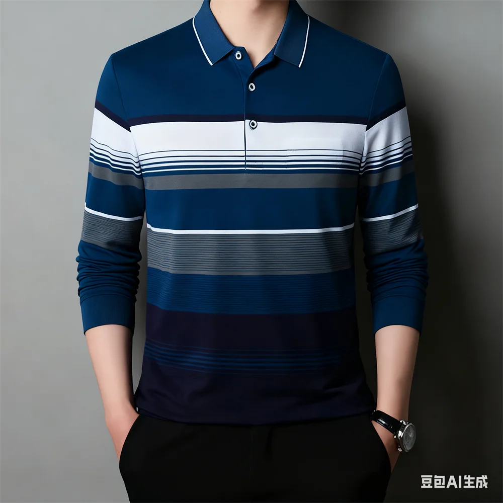 

Men's 3D Print Stripe Splicing Polo Shirt Autumn Winter Business Casual Long Sleeve Tops Fashion Creative Design Button Pullover