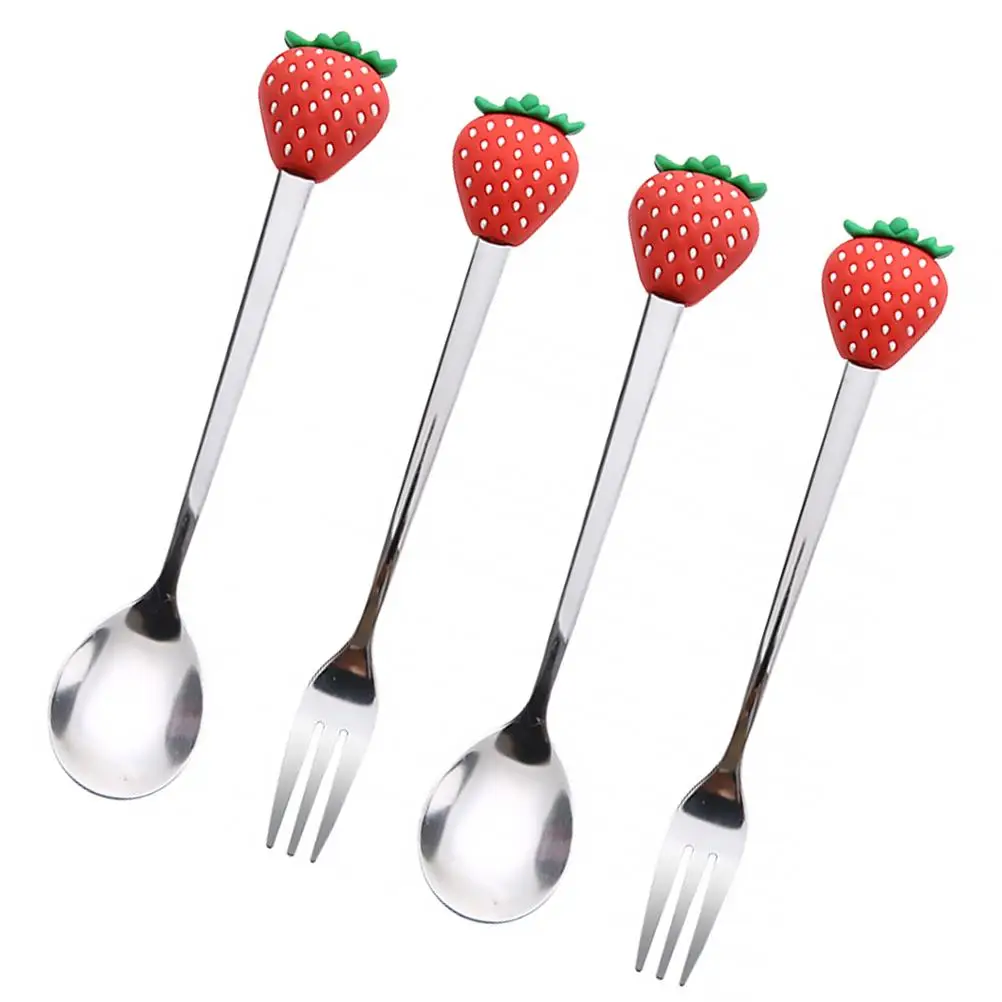 

4PCS Stainless Steel Fruit Shaped Fork Spoon Set Cute Strawberry Design Kitchen Dining Tools Tableware Supplies