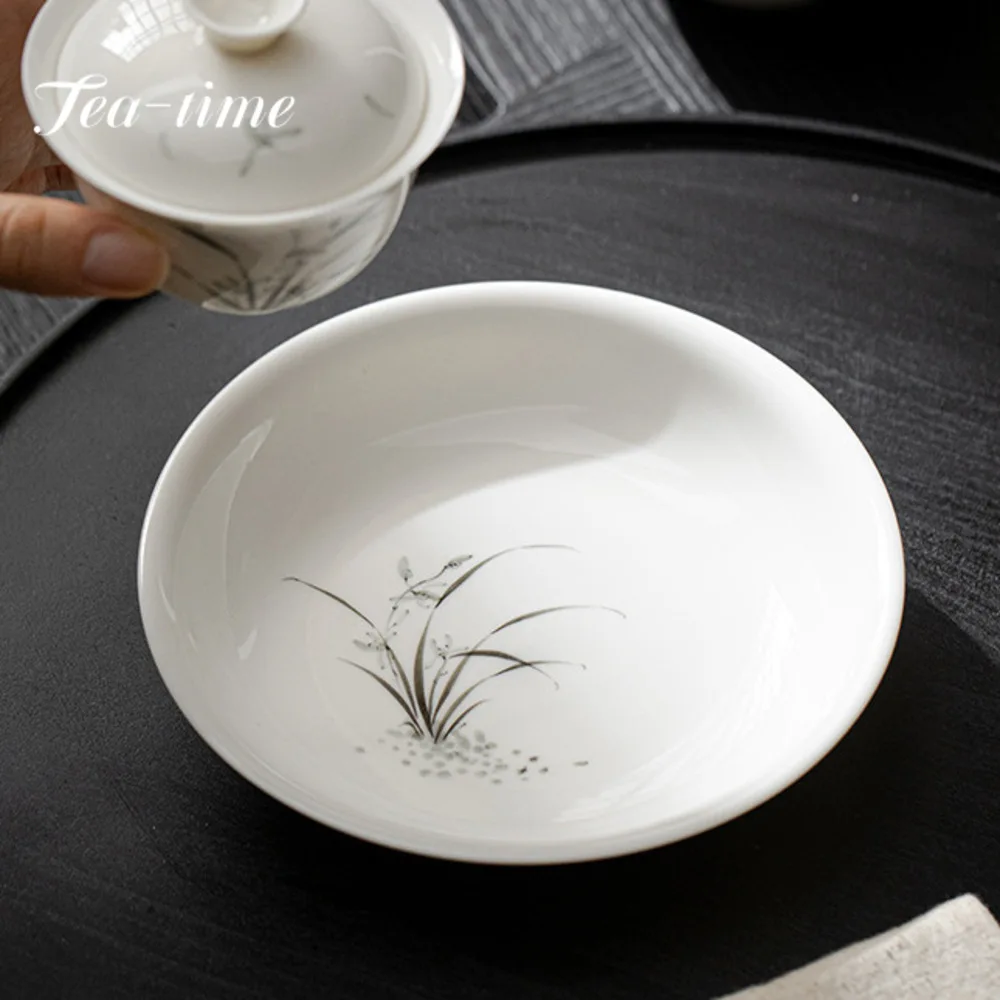 Simple Pure Hand Painted Tea Trays Orchid Round Pot Bearing Cremic White Porcelain Household Soaking Chinese Tea Pastry Plate