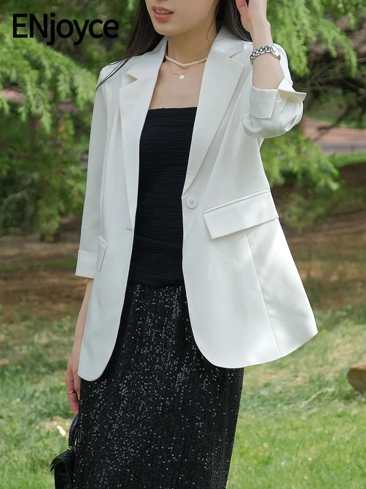 ENjoyce 2024 Spring Summer Women One Button Suit Blazers Office Ladies Elegant Workwear Cropped Sleeve Slim Coats