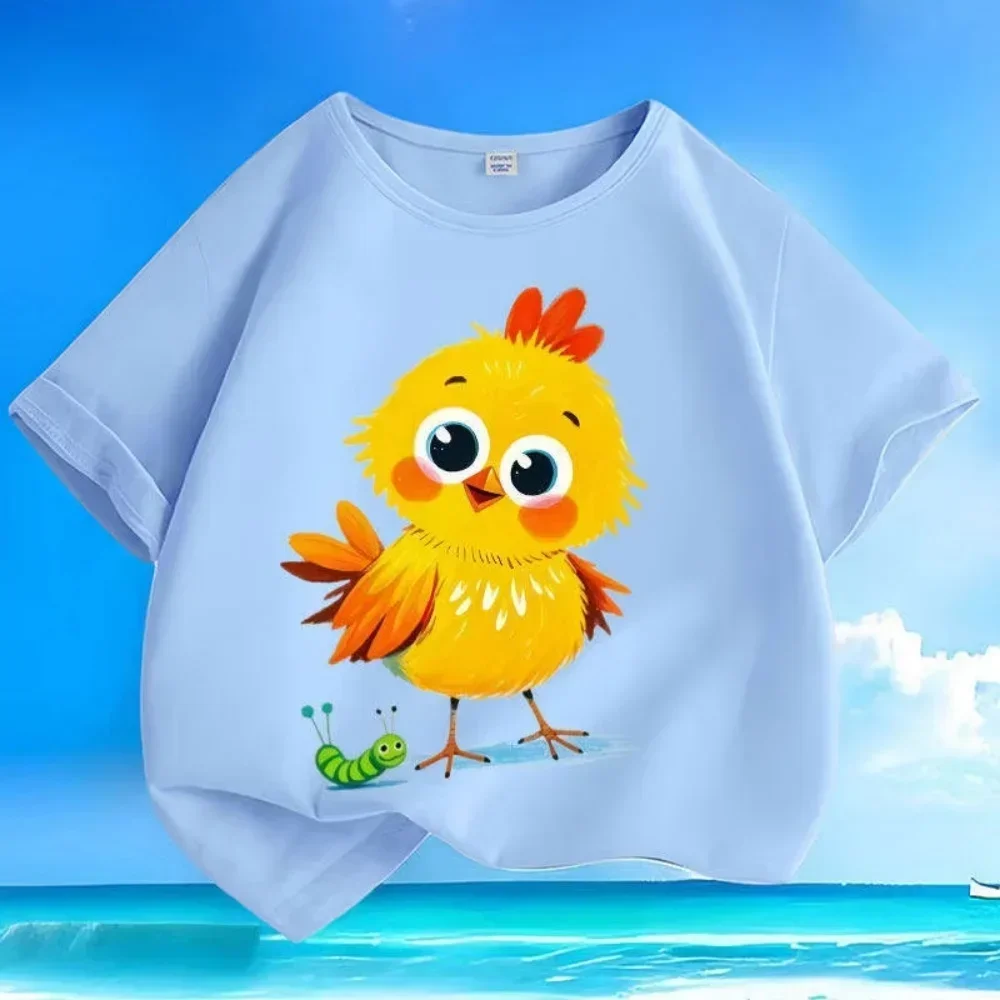 Sweet Cartoon Baby Chick Standing Beside Green Caterpillar Pattern Kids Short Sleeve Top White Summer Casual Outfit
