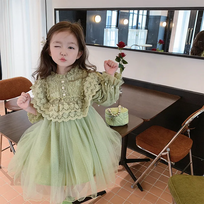 

Girl Dress Infant Baby Birthday Party Wedding Princess Baptism Pearls Long Sleeve Kids Clothes Evening Tulle Tutu Lace Dresses