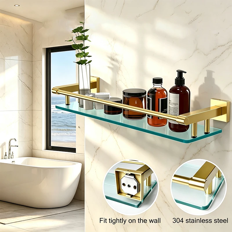 SUS304 Stainless Steel Brushed Gold Bathroom Glass Shelf Wall Mount Tempered Glass Storage Rack with Guardrail