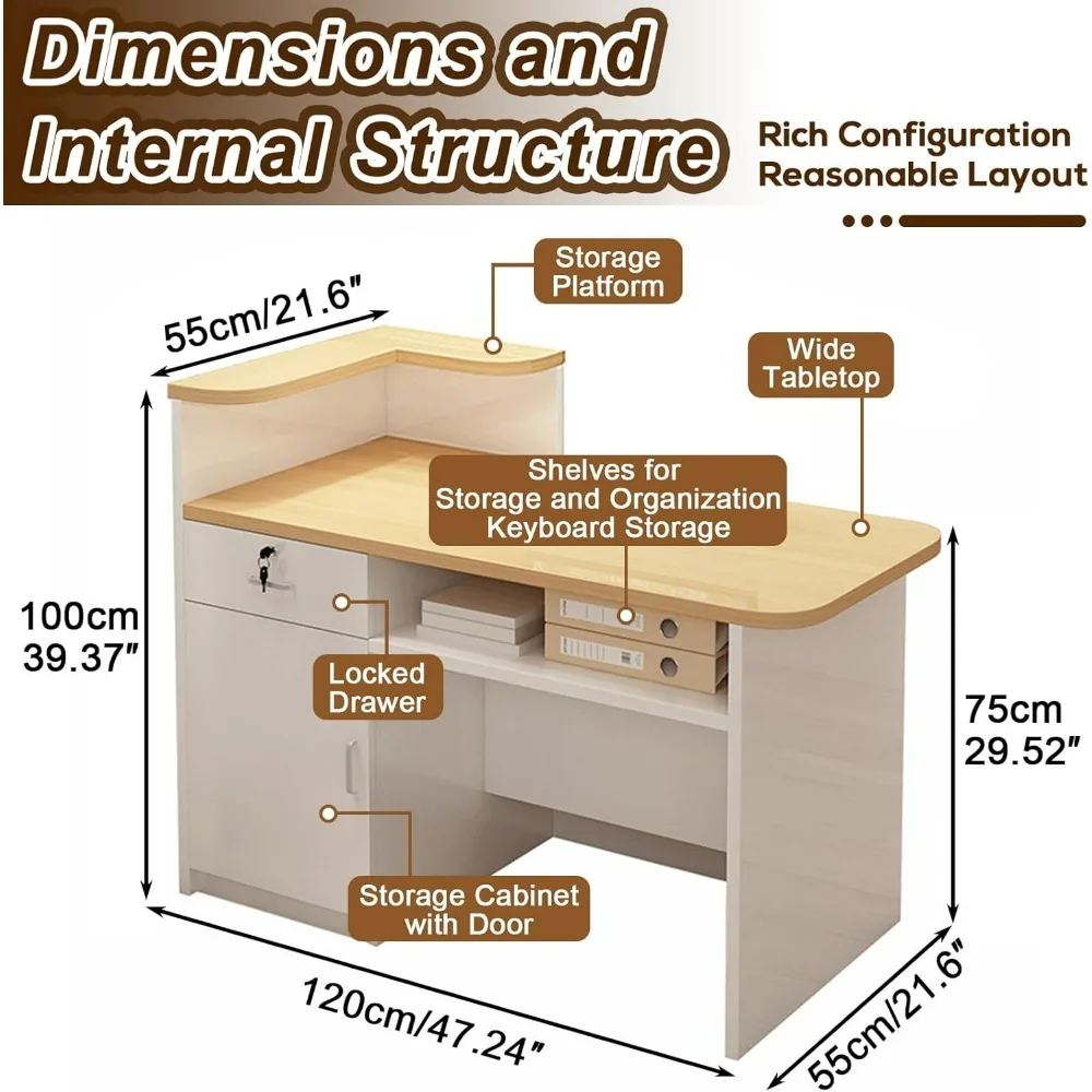 Reception Desk with Counter, Front Desk Reception Counter with Lockable Drawers & 2 Layer Display Rack & Ambient Light, Retail