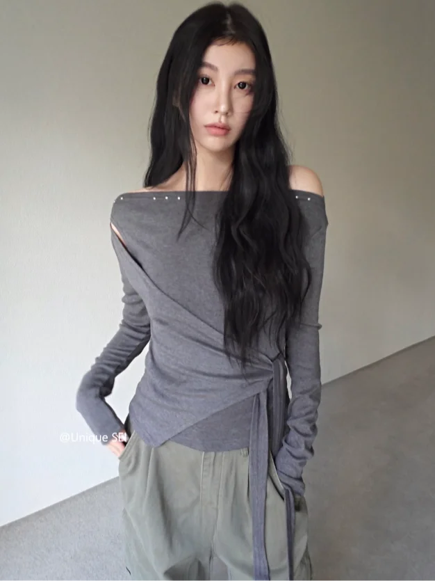 Unique SEI Korean Style Slim Fit Long Sleeve T-Shirt Shoulder Bared Waist Cinched Women's Top Rivet Detail Breathable Springwear