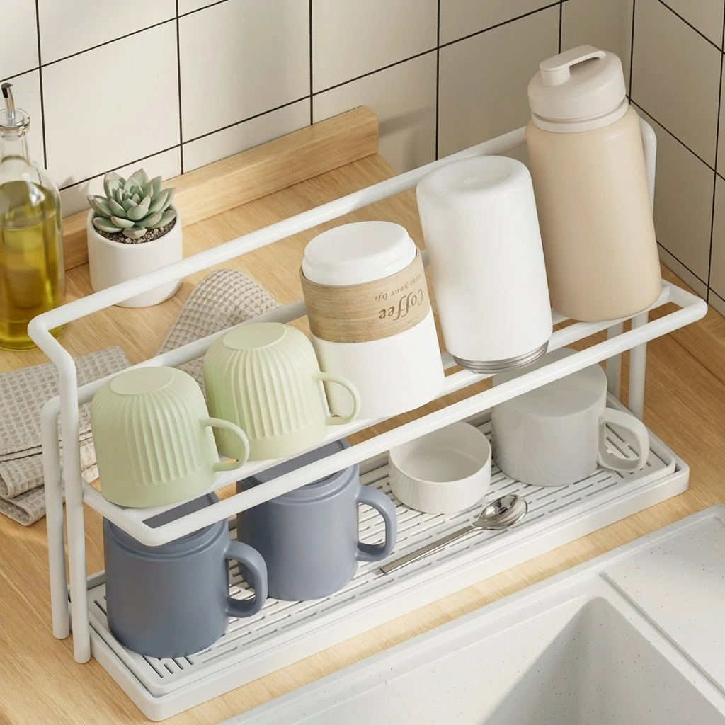 

Double Layer Kitchen Cup Storage Rack With Drainage Tray For Glass Tea Coffee Cups