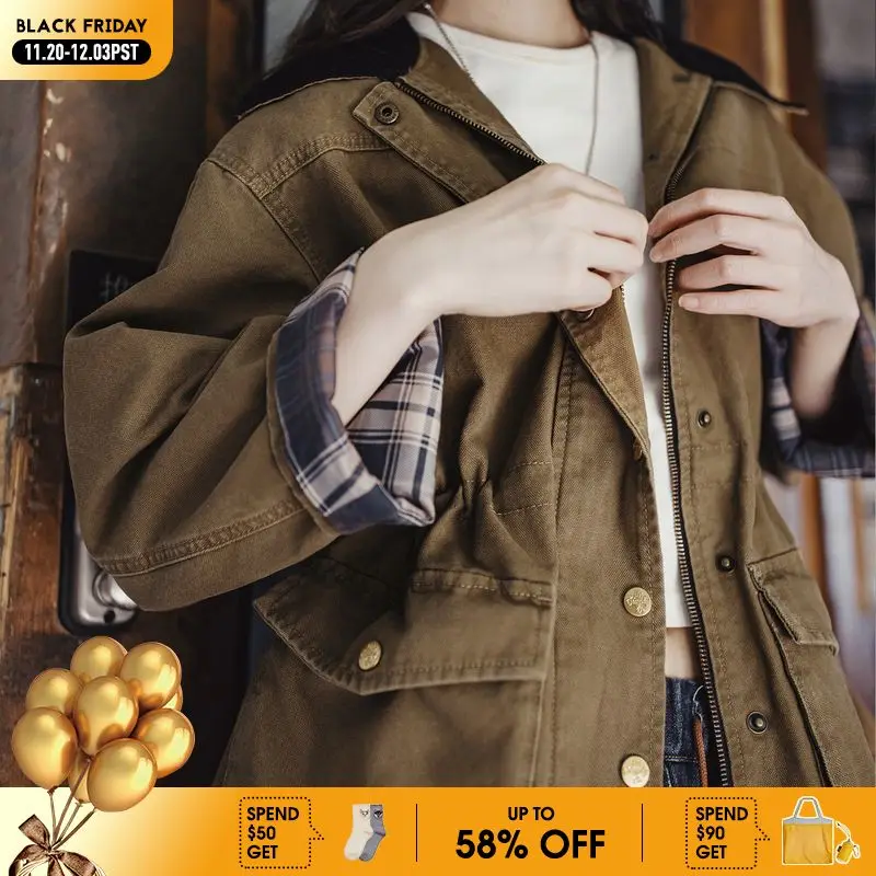 

Maden Women’s 310gsm Cotton Barn Jacket Loose Waist Drawstring Workwear Coat Autumn Casual Turn-down Collar Khaki Outerwear