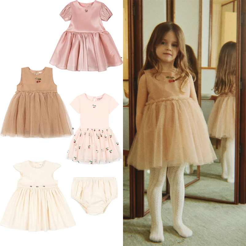 

European Kids Pink Cherry Dress 2026 New Summer KS Girl Dress Lace Princess Dress Girl's Pink Fashion Clothes