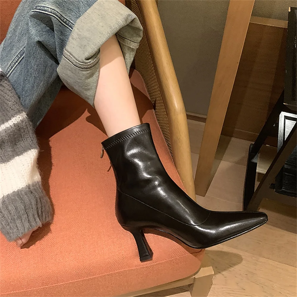 Taoffen Genuine Leather Stretch Boots Women Pointed Toe Thin Heels With Zipper Ankle Boots 2024 Spring Autumn Dress Party Boots