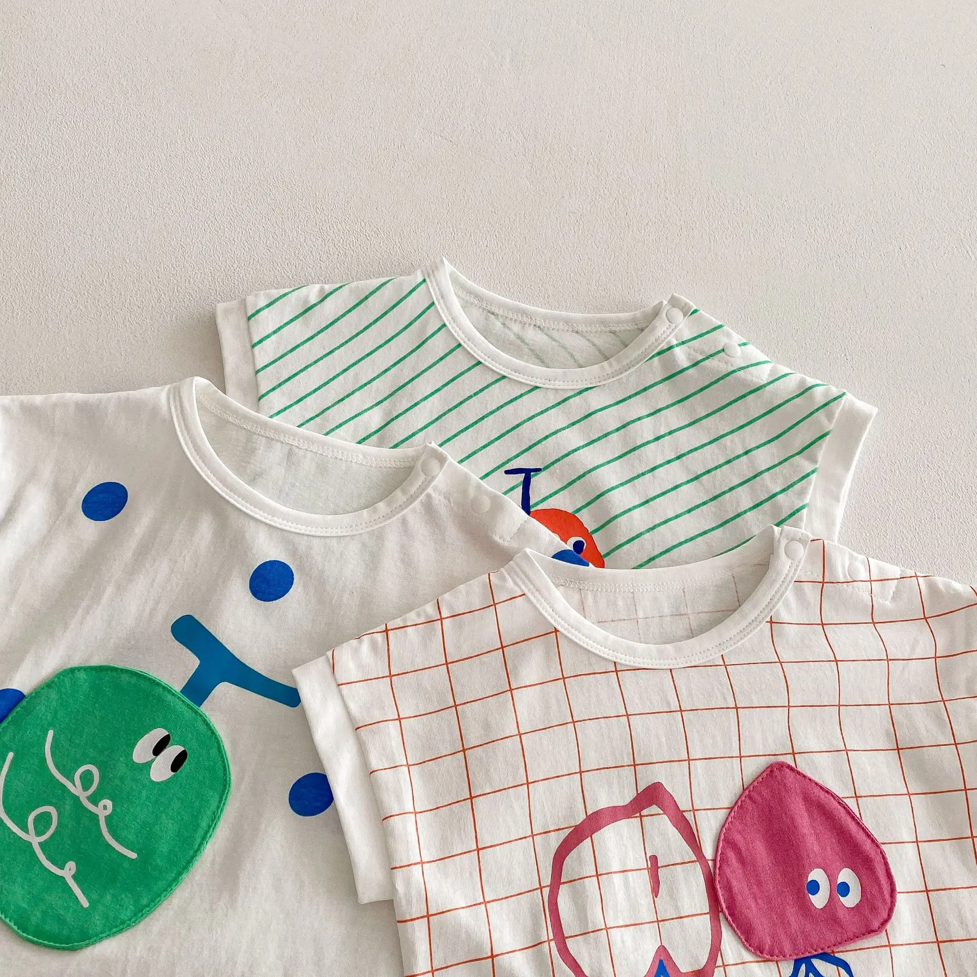 2025 novo bonito pêssego impressão macacão da criança meninos meninas manga curta algodão listra macacão moda roupas do bebê