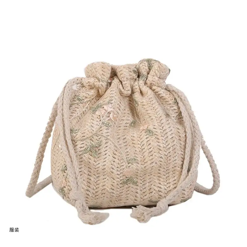 D0UD Summer Shoulder Bag Handbag Drawstring Lace Straw Bucket Bag for Dog Walking