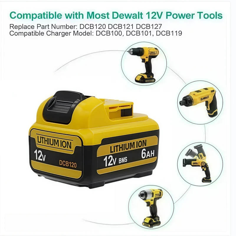 لبطارية DeWalt 12V MAX 2.0Ah 3.0Ah 5.0Ah 6.0Ah DCB125 DCB124 DCB122 القابلة لإعادة الشحن.