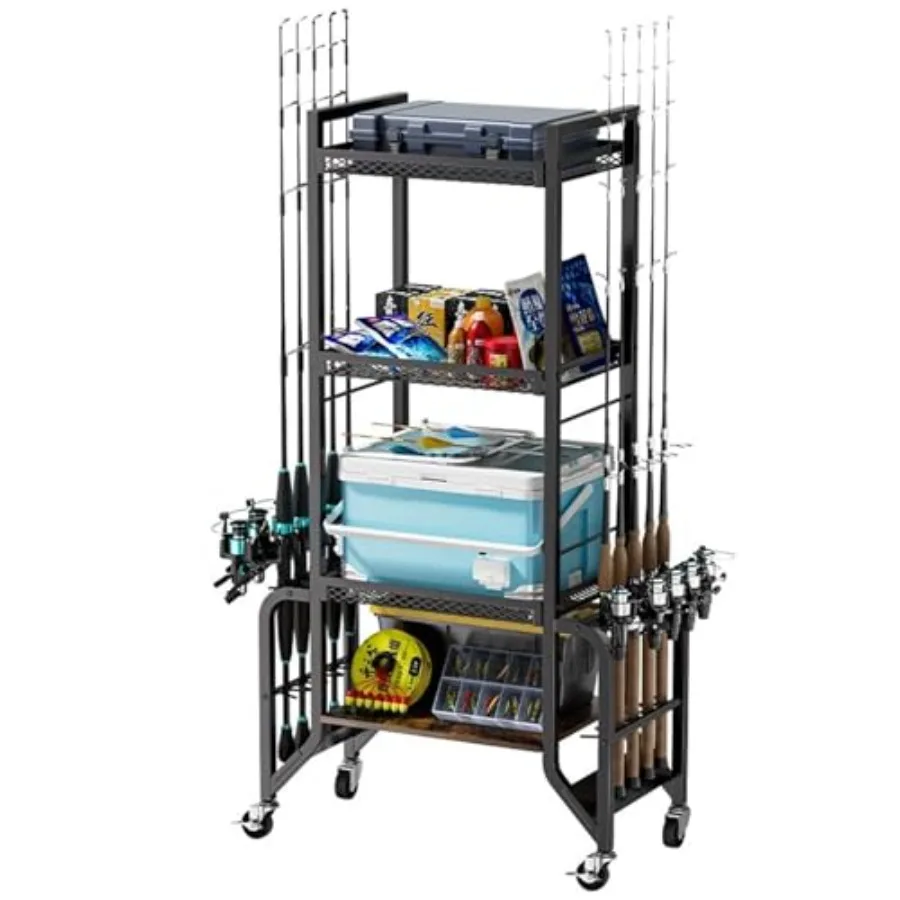 

4-Tier Fishing Rod Rack for Garage and Pool Room Storage, Mobile Fishing Rod Holder for Organizing Rods, Fishing Gear, and Tack