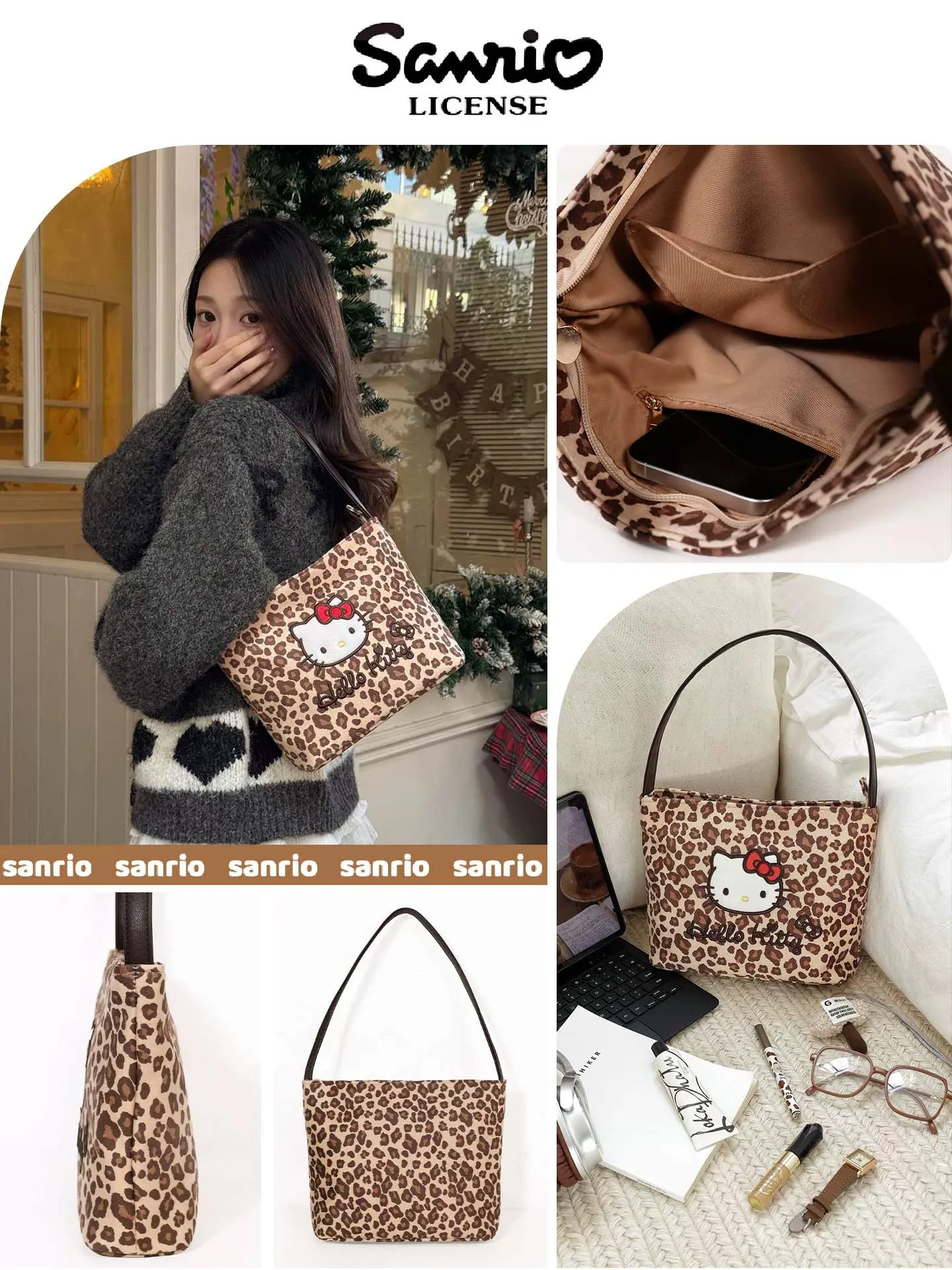 Melard Style Leopard Print Storage Bag, Kitty Handbag, Cartoon Embroidery Commuting Armpit Bag, Niche Bag