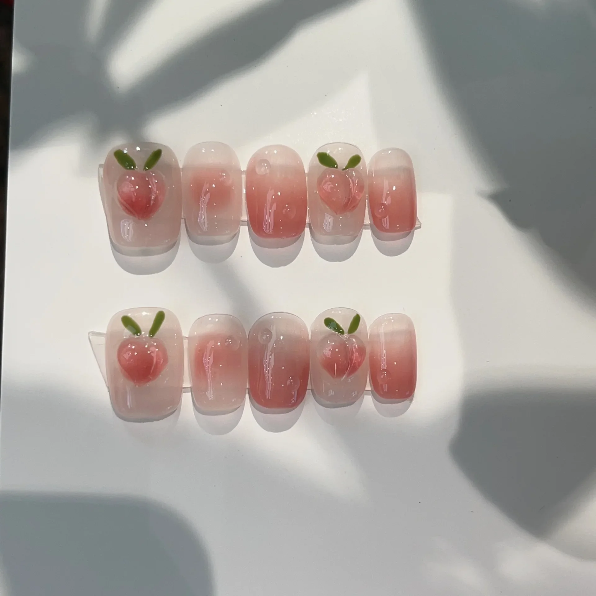 10 pièces court rond fait à la main presse sur ongles couverture complète rose pêche conception d'été mignon faux ongles manucure artificielle faux ongles