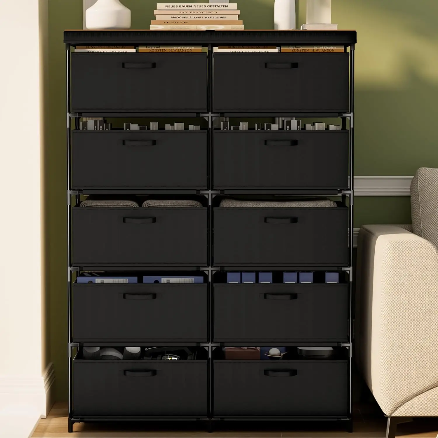 

Dresser With 10 Fabric Drawer Solid Wood Tv Stand Desktop Sturdy Metal Support Tube Cube Storage Cabinet For Closet Bedroom