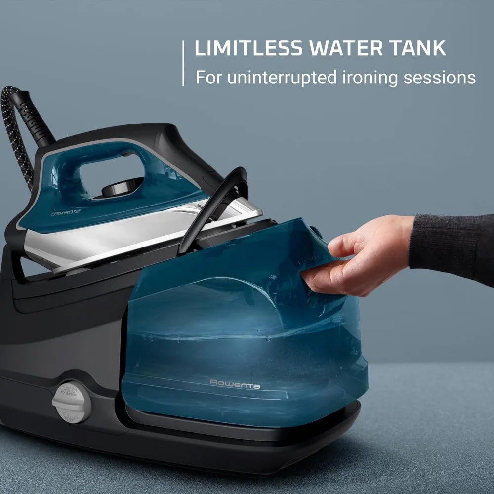 محطة بخار احترافية من الفولاذ المقاوم للصدأ للملابس، خزان قابل للإزالة 1.1 لتر، تسخين سريع، 1800 واط، مكواة ملابس زرقاء