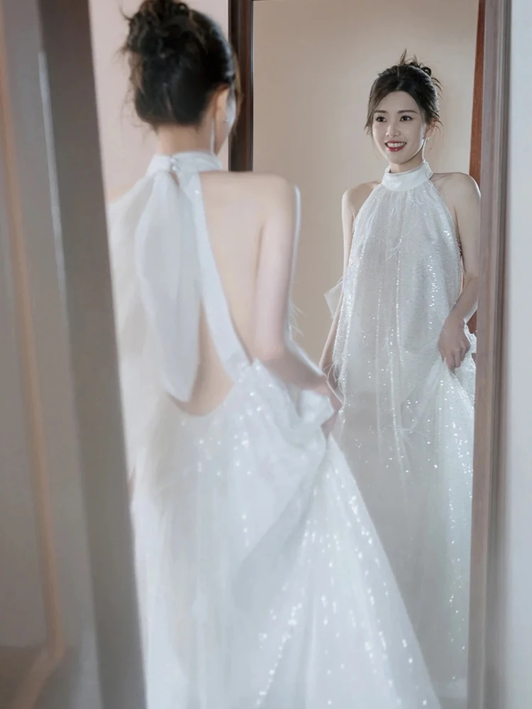 

Ele Wedding Dr for Women Korean Sle Morning Robe Gown Feather Sequin Engagement Dr Light Wedding Dr