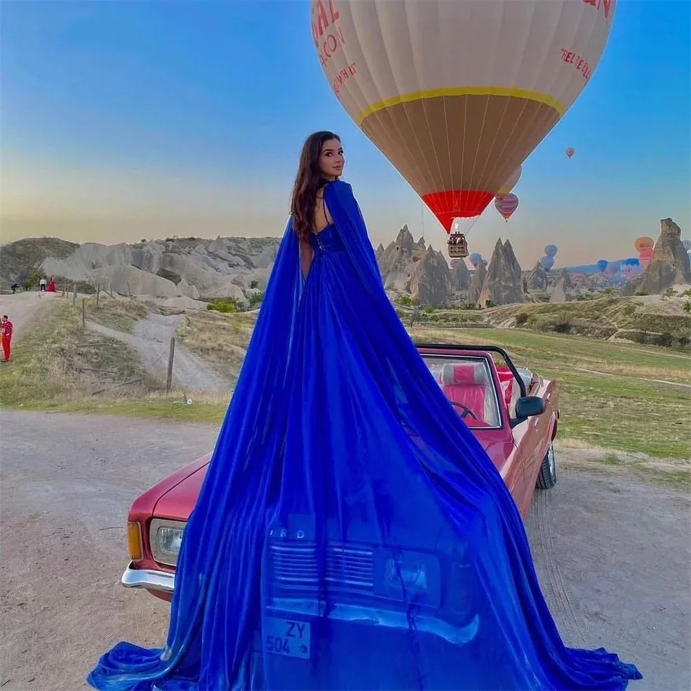 2025 Santorini Sexy Evening Prom Dress Royal Blue Straps Long Flying Train Party Gowns Photography Abendkleider Robe De Soiree