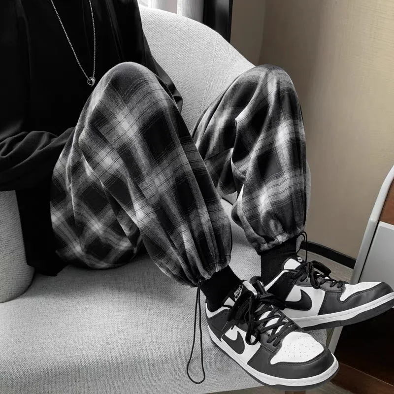 Plaid Pants Men Fashion Retro Color Contrast Casual Pants Men Streetwear Loose Hip-hop Straight Pants Mens Trousers M-3XL