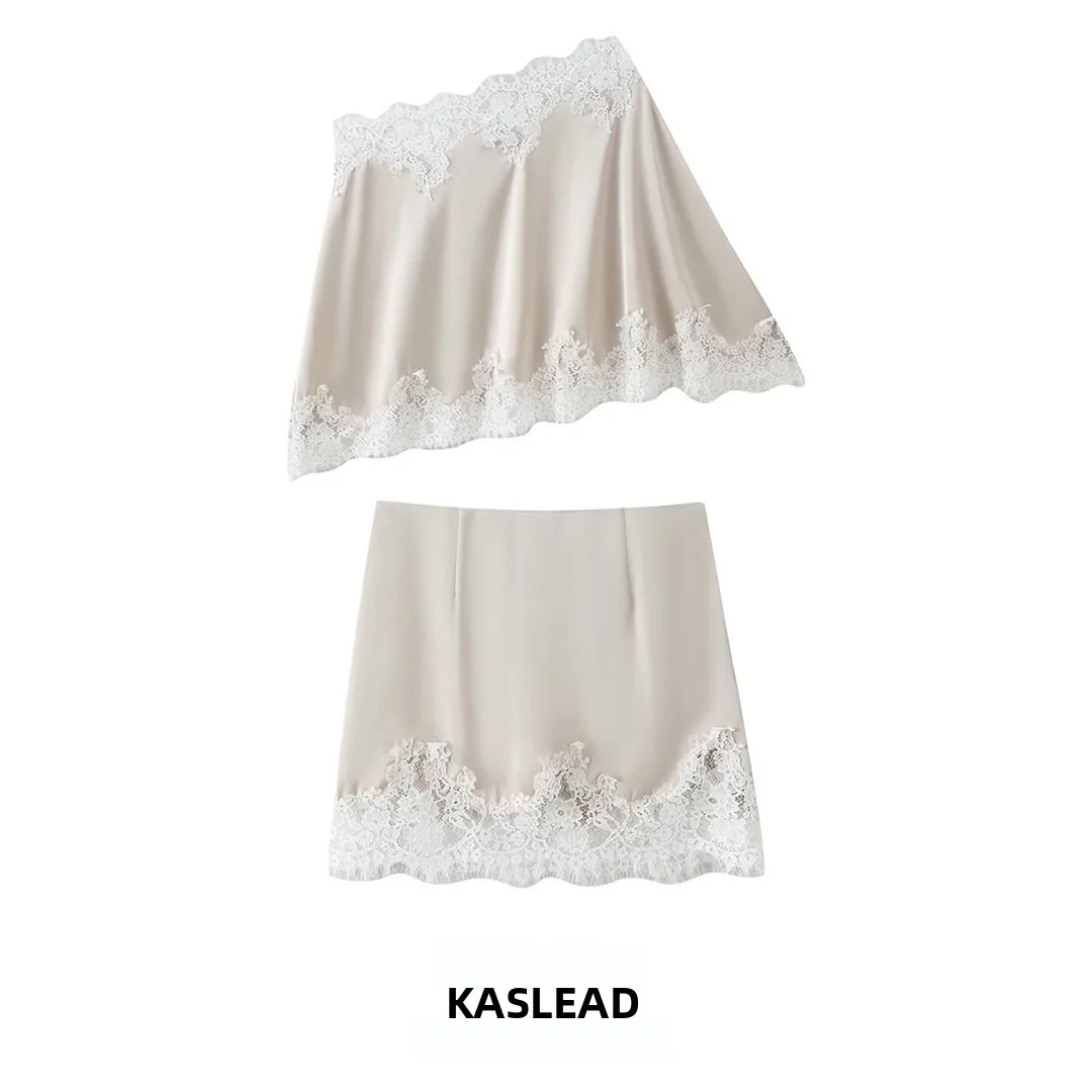 KASLEAD Sexy Lace Shoulder  Skirt Two-Piece Set Women's Fashion Summer Outfit Short Sleeve Top And Skirt Ensemble