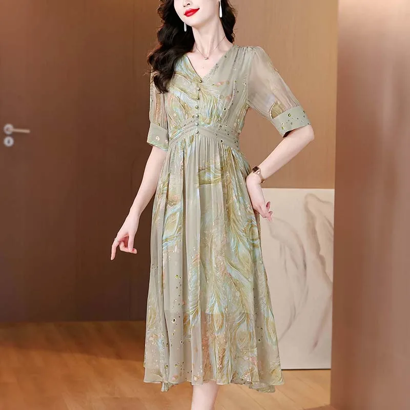 2025 Summer Print Silk Chiffon Elegant Casual Beach Dress Chic V-Neck Casual Long Boho Dress Women Bodycon Party Night Dress